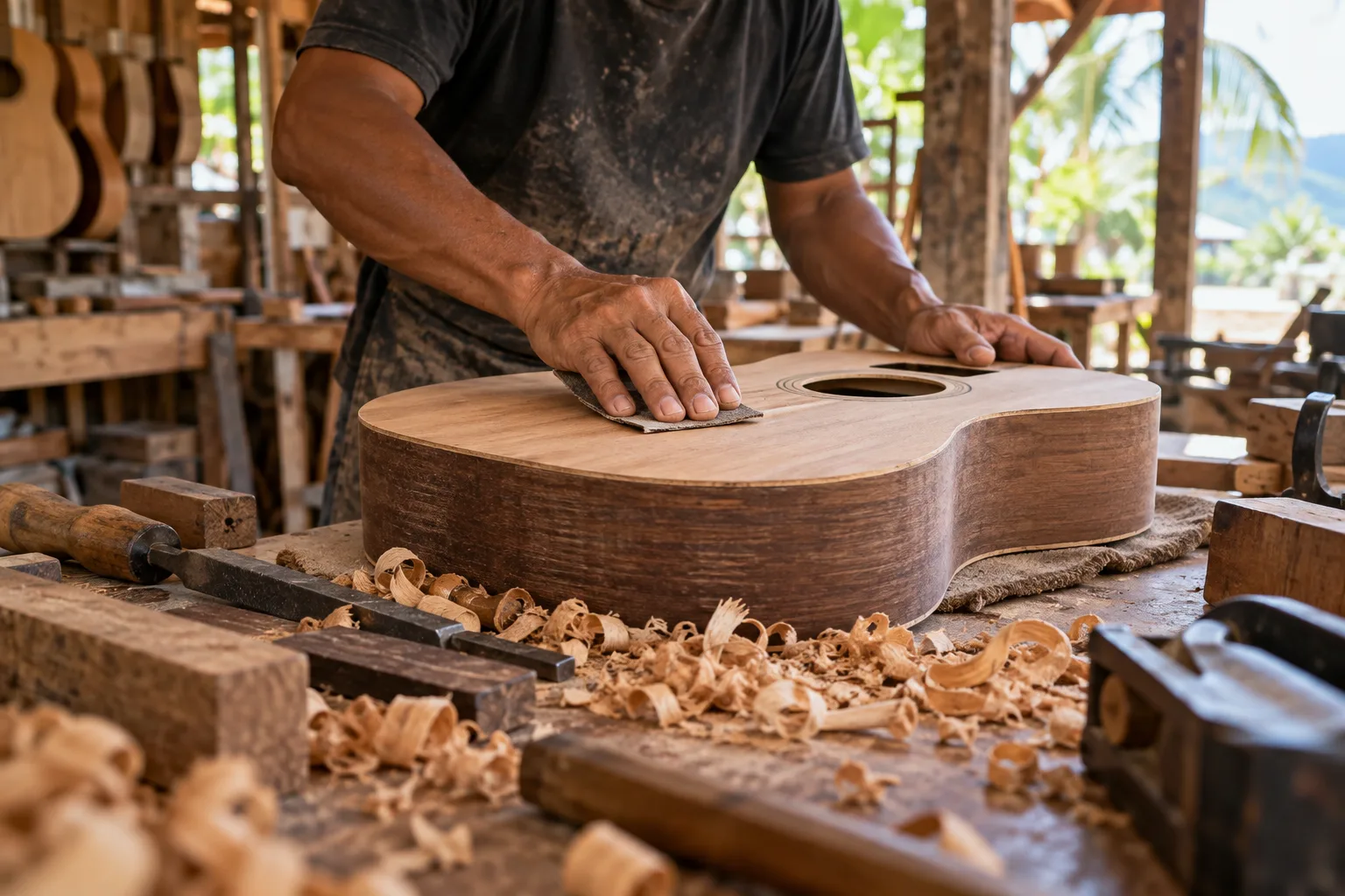 Illustrative hands shaping a guitar, representing Cebuano craft; not a specific workshop